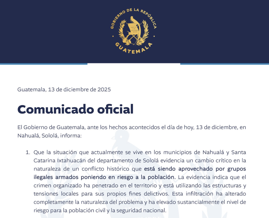 URGENTE: Gobierno confirma infiltración del crimen organizado en conflicto de Sololá y refuerza presencia del Estado